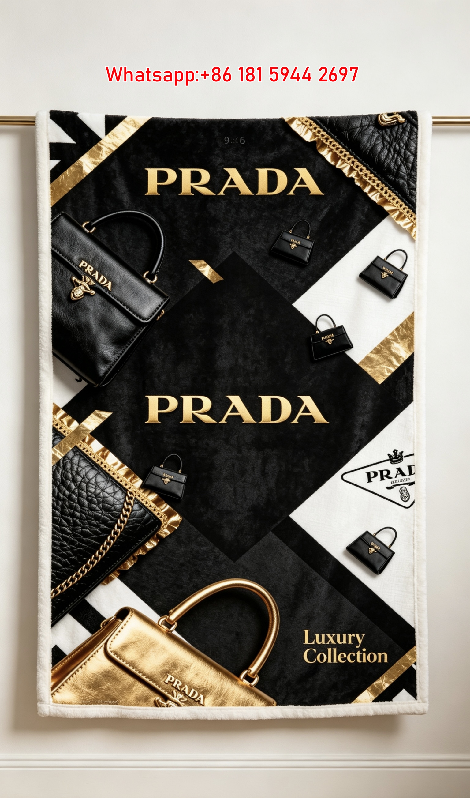 Prada Black and Gold Luxury Handbag Print Flannel Throw Blanket IMG_2773